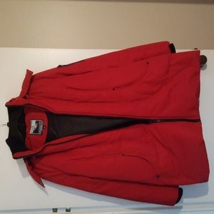 Women's Heavy Jacket by Halitech size Large in Red w/ Black Cuffs and faux fur